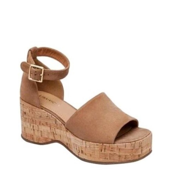 Lisa Vicky Laud Platform Wedge Sandals Cognac Brown Ankle Strap Suede - Picture 1 of 2
